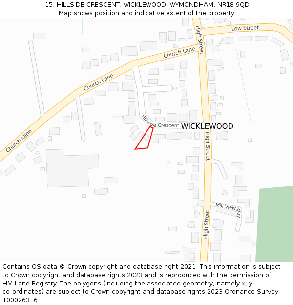 15, HILLSIDE CRESCENT, WICKLEWOOD, WYMONDHAM, NR18 9QD: Location map and indicative extent of plot