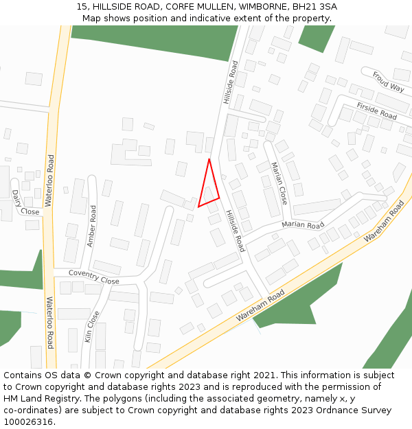 15, HILLSIDE ROAD, CORFE MULLEN, WIMBORNE, BH21 3SA: Location map and indicative extent of plot