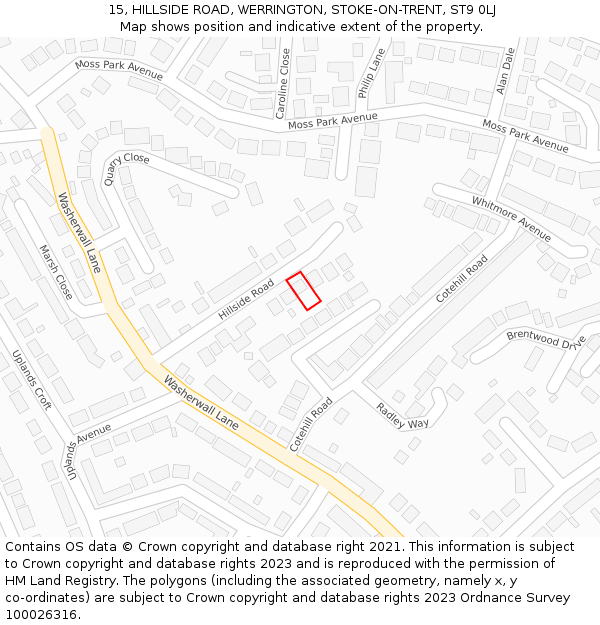 15, HILLSIDE ROAD, WERRINGTON, STOKE-ON-TRENT, ST9 0LJ: Location map and indicative extent of plot