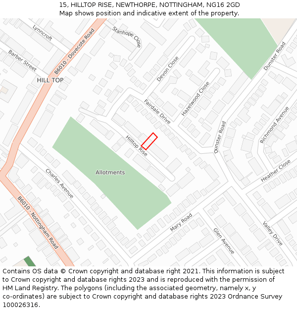 15, HILLTOP RISE, NEWTHORPE, NOTTINGHAM, NG16 2GD: Location map and indicative extent of plot