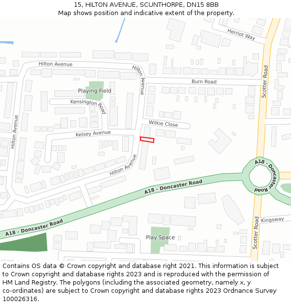 15, HILTON AVENUE, SCUNTHORPE, DN15 8BB: Location map and indicative extent of plot