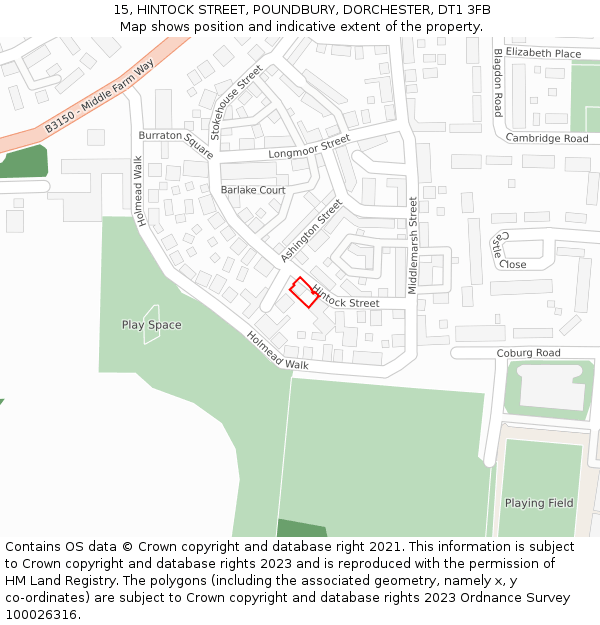 15, HINTOCK STREET, POUNDBURY, DORCHESTER, DT1 3FB: Location map and indicative extent of plot