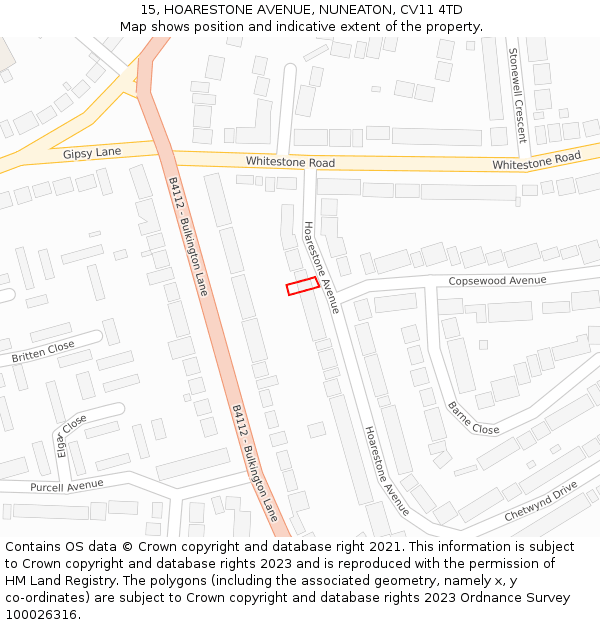 15, HOARESTONE AVENUE, NUNEATON, CV11 4TD: Location map and indicative extent of plot