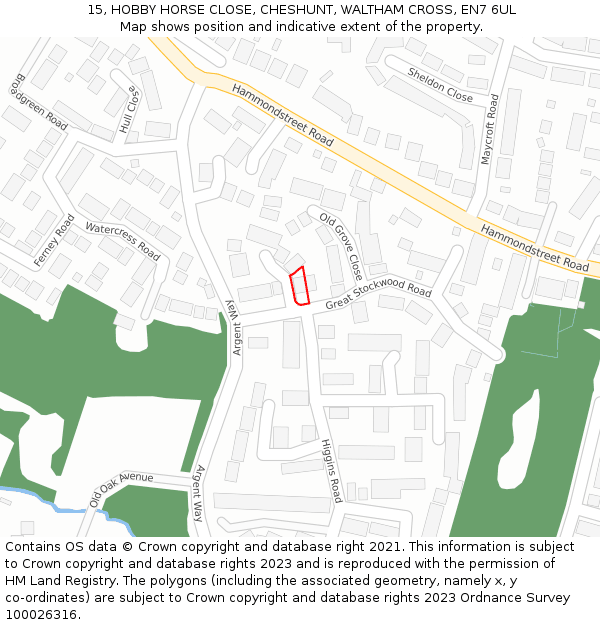 15, HOBBY HORSE CLOSE, CHESHUNT, WALTHAM CROSS, EN7 6UL: Location map and indicative extent of plot