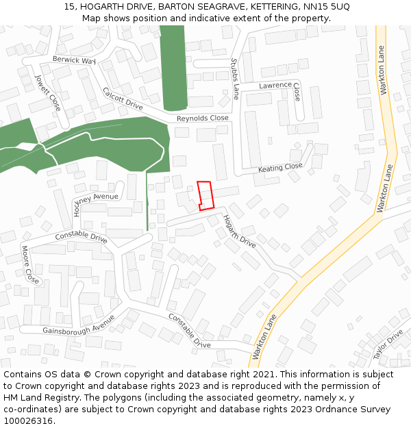 15, HOGARTH DRIVE, BARTON SEAGRAVE, KETTERING, NN15 5UQ: Location map and indicative extent of plot