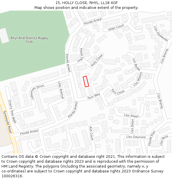 15, HOLLY CLOSE, RHYL, LL18 4GF: Location map and indicative extent of plot