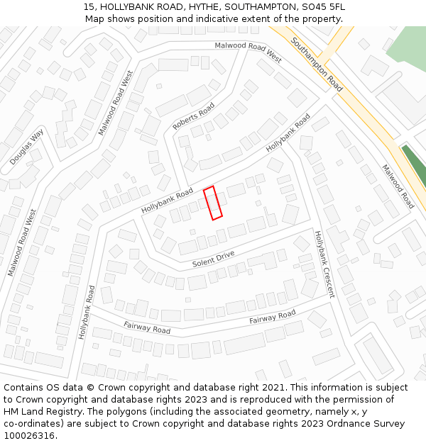 15, HOLLYBANK ROAD, HYTHE, SOUTHAMPTON, SO45 5FL: Location map and indicative extent of plot