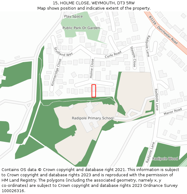 15, HOLME CLOSE, WEYMOUTH, DT3 5RW: Location map and indicative extent of plot