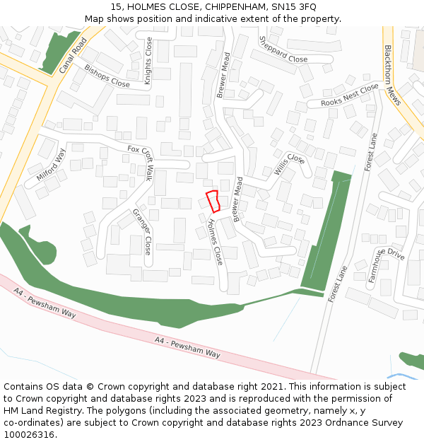 15, HOLMES CLOSE, CHIPPENHAM, SN15 3FQ: Location map and indicative extent of plot