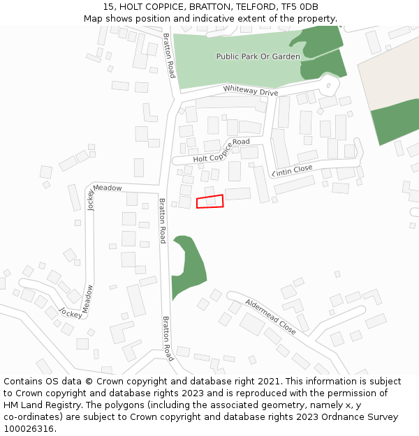 15, HOLT COPPICE, BRATTON, TELFORD, TF5 0DB: Location map and indicative extent of plot