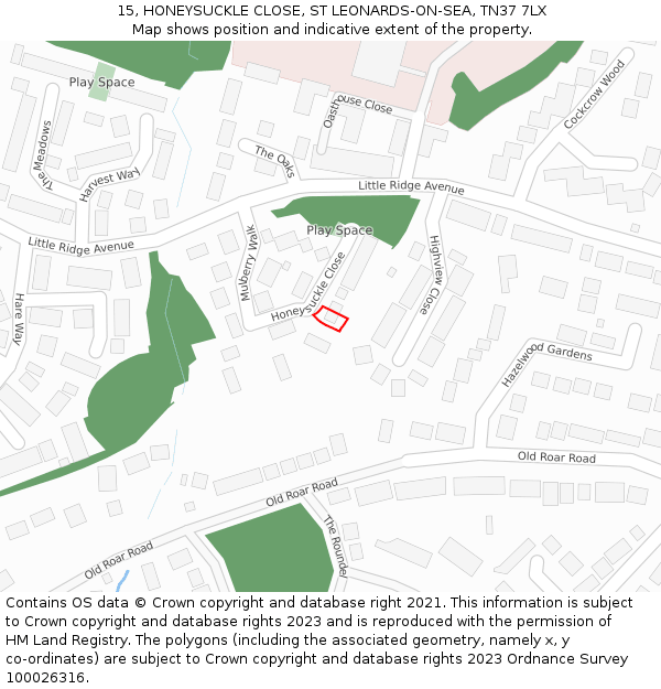 15, HONEYSUCKLE CLOSE, ST LEONARDS-ON-SEA, TN37 7LX: Location map and indicative extent of plot