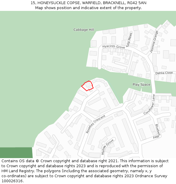 15, HONEYSUCKLE COPSE, WARFIELD, BRACKNELL, RG42 5AN: Location map and indicative extent of plot
