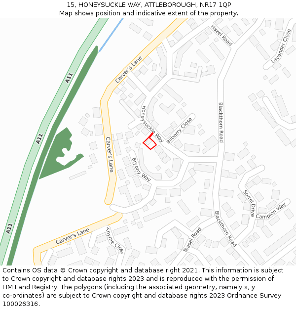 15, HONEYSUCKLE WAY, ATTLEBOROUGH, NR17 1QP: Location map and indicative extent of plot