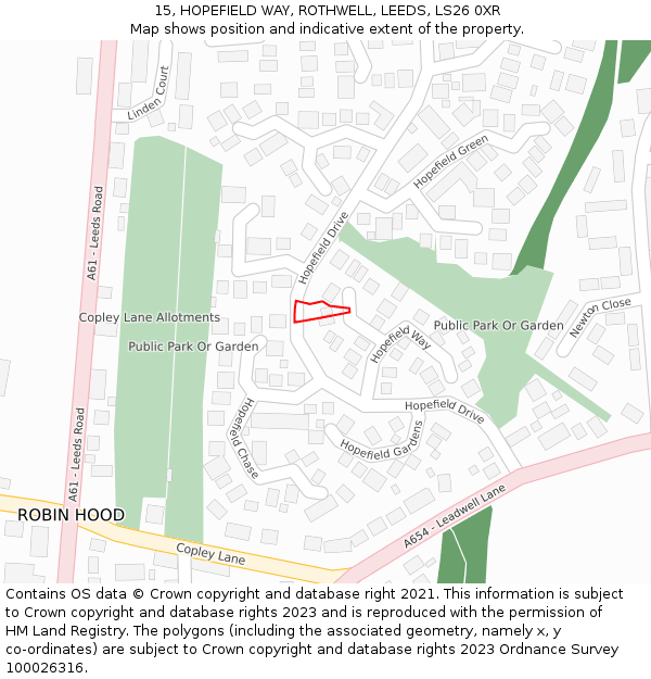 15, HOPEFIELD WAY, ROTHWELL, LEEDS, LS26 0XR: Location map and indicative extent of plot