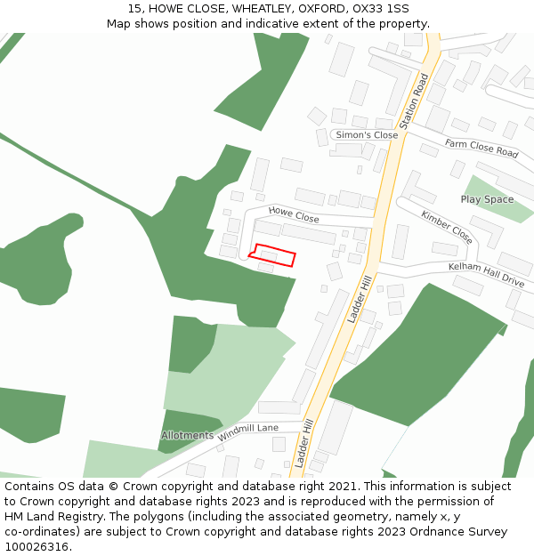 15, HOWE CLOSE, WHEATLEY, OXFORD, OX33 1SS: Location map and indicative extent of plot