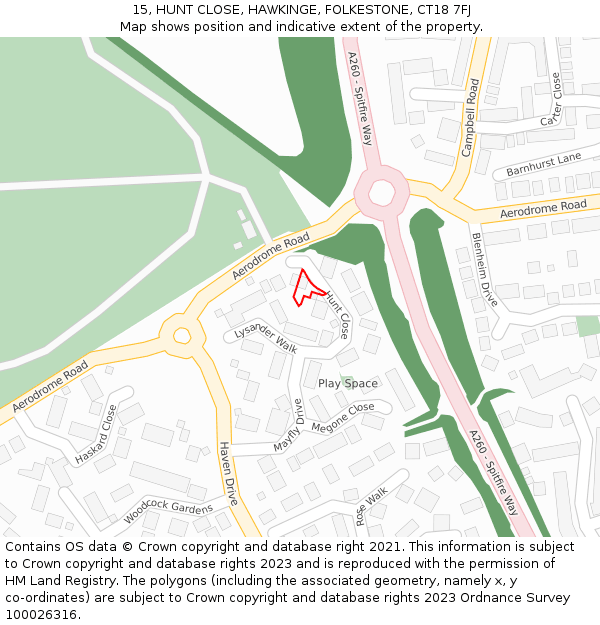 15, HUNT CLOSE, HAWKINGE, FOLKESTONE, CT18 7FJ: Location map and indicative extent of plot