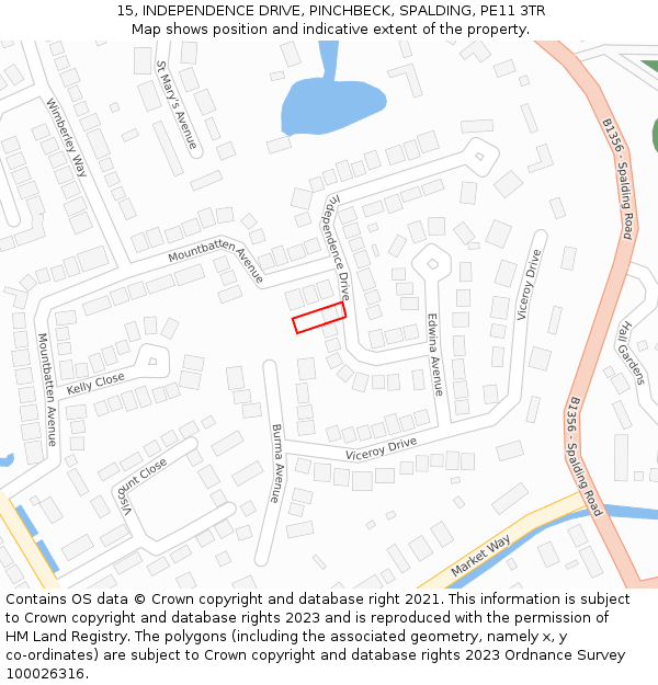 15, INDEPENDENCE DRIVE, PINCHBECK, SPALDING, PE11 3TR: Location map and indicative extent of plot