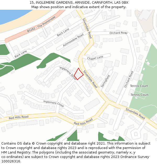 15, INGLEMERE GARDENS, ARNSIDE, CARNFORTH, LA5 0BX: Location map and indicative extent of plot