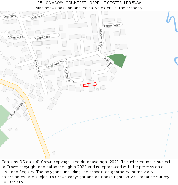 15, IONA WAY, COUNTESTHORPE, LEICESTER, LE8 5WW: Location map and indicative extent of plot