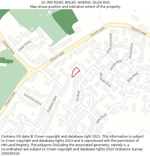 15, IRIS ROAD, BISLEY, WOKING, GU24 9HG: Location map and indicative extent of plot