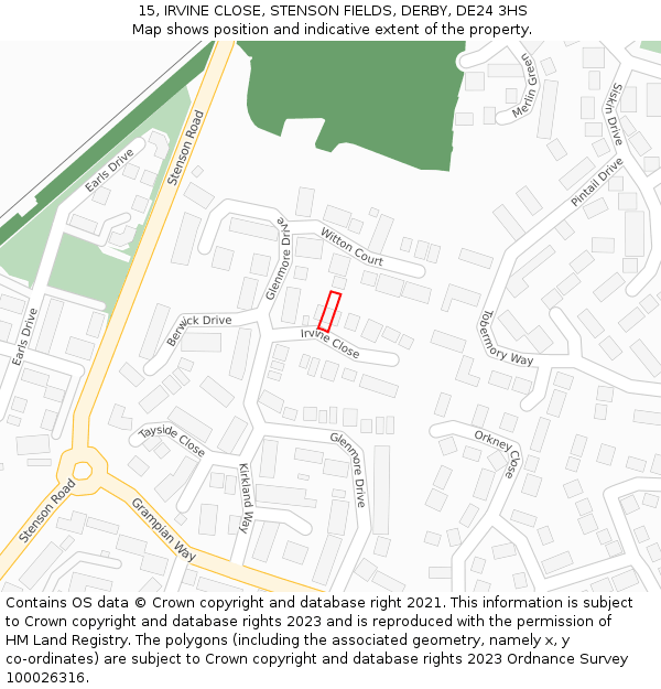15, IRVINE CLOSE, STENSON FIELDS, DERBY, DE24 3HS: Location map and indicative extent of plot