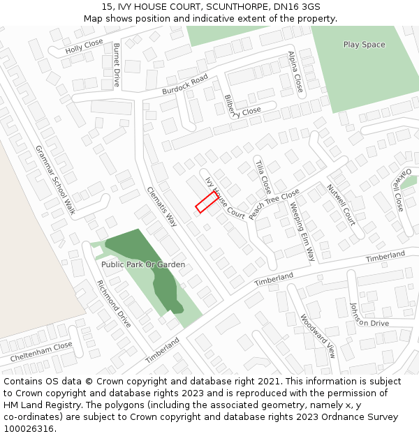 15, IVY HOUSE COURT, SCUNTHORPE, DN16 3GS: Location map and indicative extent of plot