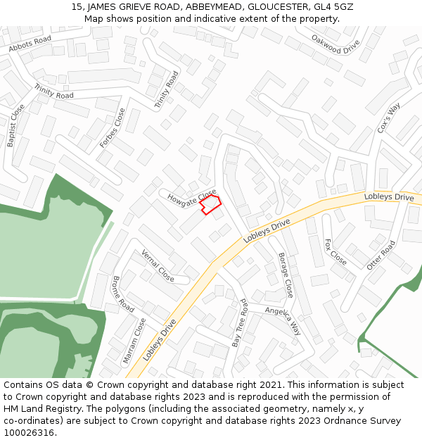 15, JAMES GRIEVE ROAD, ABBEYMEAD, GLOUCESTER, GL4 5GZ: Location map and indicative extent of plot