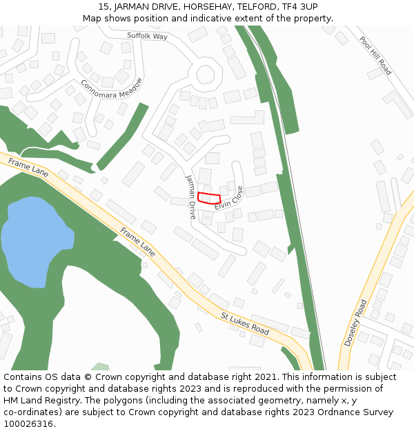 15, JARMAN DRIVE, HORSEHAY, TELFORD, TF4 3UP: Location map and indicative extent of plot