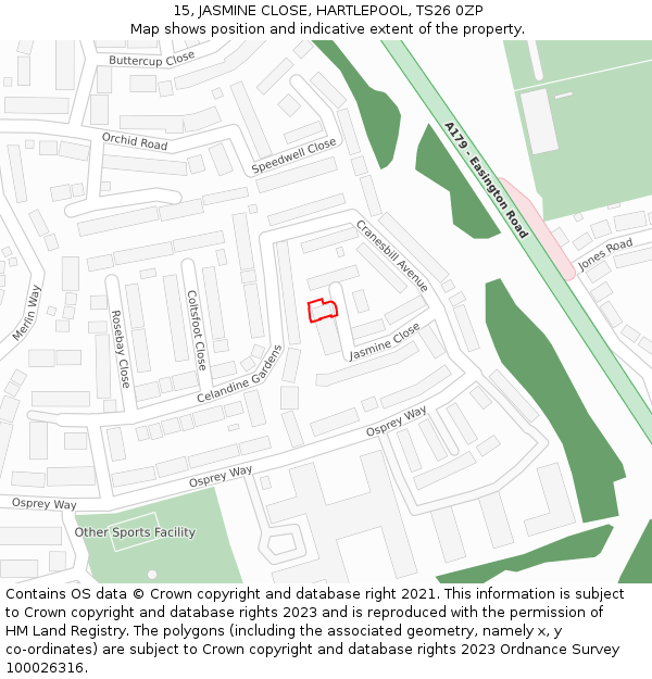 15, JASMINE CLOSE, HARTLEPOOL, TS26 0ZP: Location map and indicative extent of plot