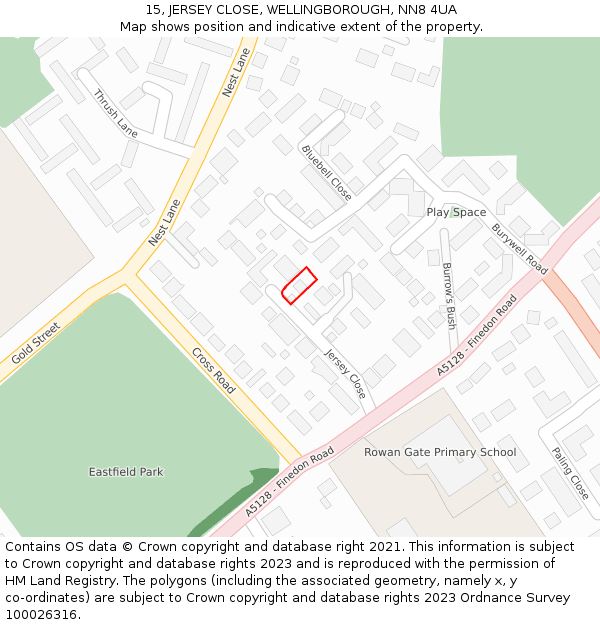 15, JERSEY CLOSE, WELLINGBOROUGH, NN8 4UA: Location map and indicative extent of plot