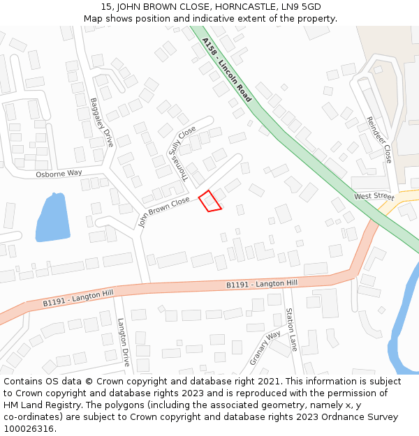 15, JOHN BROWN CLOSE, HORNCASTLE, LN9 5GD: Location map and indicative extent of plot