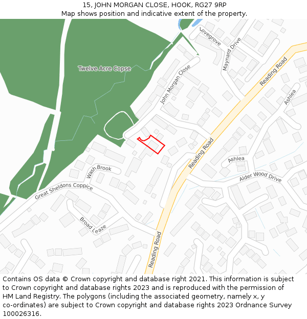 15, JOHN MORGAN CLOSE, HOOK, RG27 9RP: Location map and indicative extent of plot