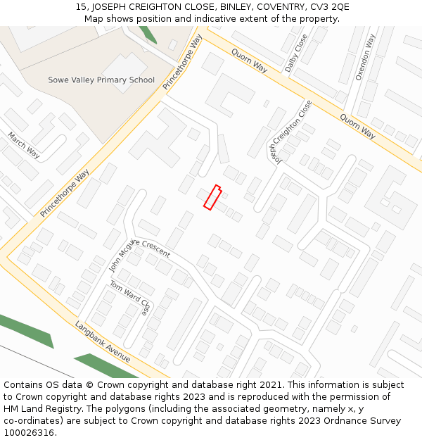 15, JOSEPH CREIGHTON CLOSE, BINLEY, COVENTRY, CV3 2QE: Location map and indicative extent of plot