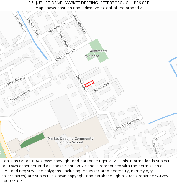 15, JUBILEE DRIVE, MARKET DEEPING, PETERBOROUGH, PE6 8FT: Location map and indicative extent of plot