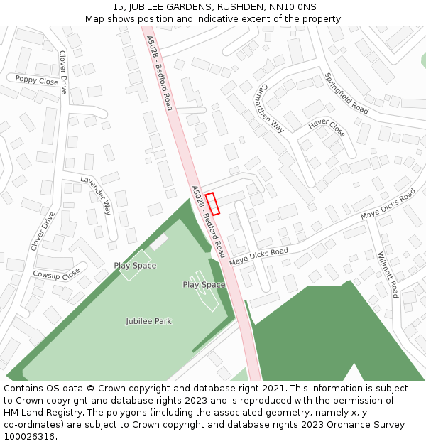 15, JUBILEE GARDENS, RUSHDEN, NN10 0NS: Location map and indicative extent of plot