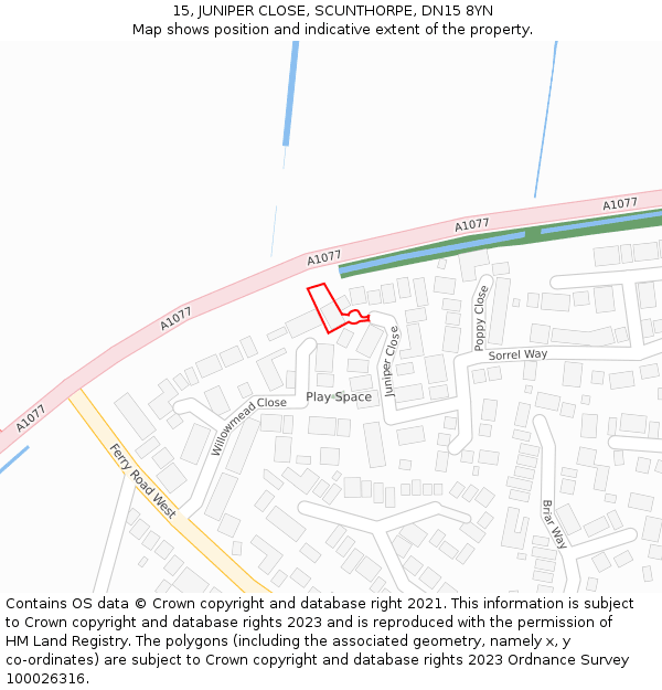 15, JUNIPER CLOSE, SCUNTHORPE, DN15 8YN: Location map and indicative extent of plot