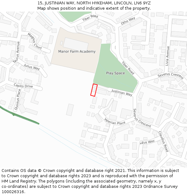 15, JUSTINIAN WAY, NORTH HYKEHAM, LINCOLN, LN6 9YZ: Location map and indicative extent of plot