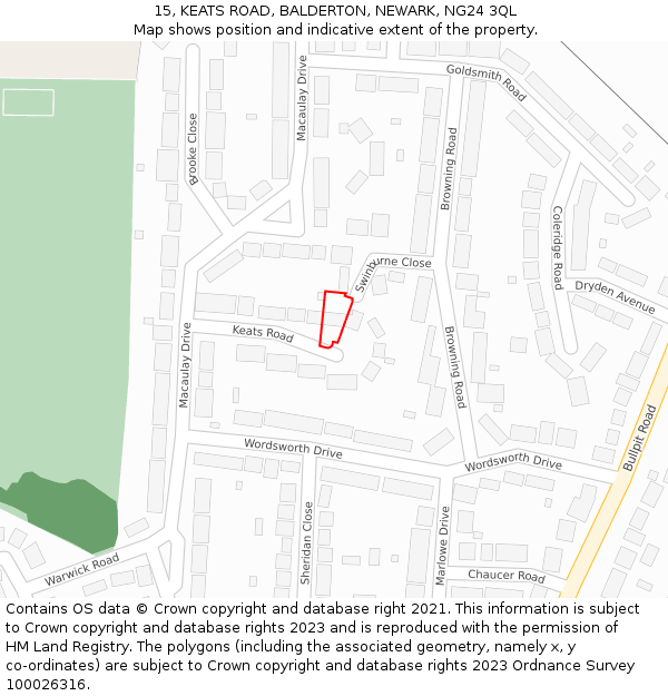 15, KEATS ROAD, BALDERTON, NEWARK, NG24 3QL: Location map and indicative extent of plot