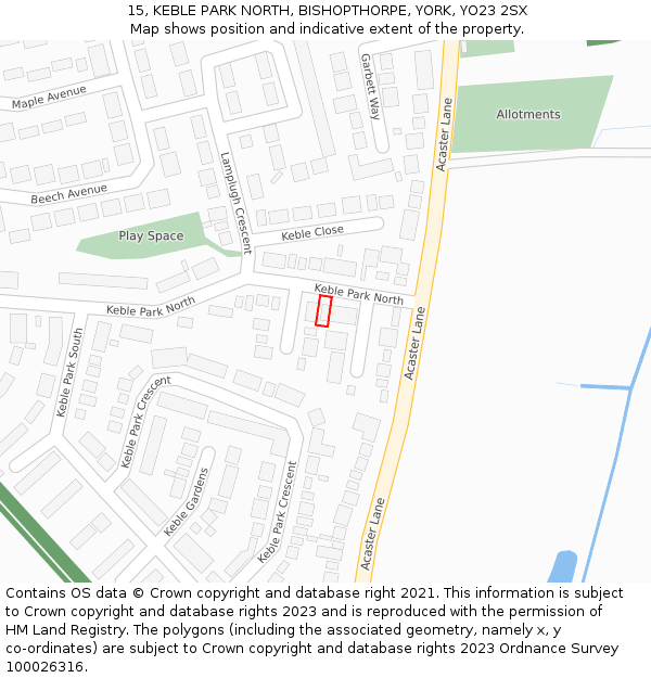 15, KEBLE PARK NORTH, BISHOPTHORPE, YORK, YO23 2SX: Location map and indicative extent of plot