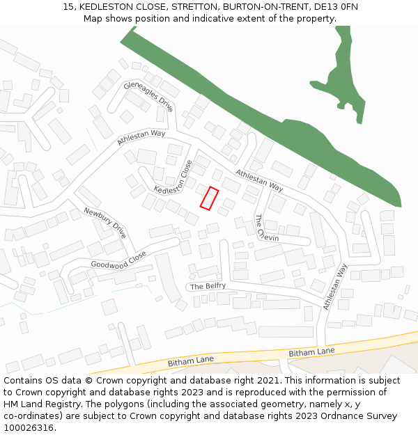 15, KEDLESTON CLOSE, STRETTON, BURTON-ON-TRENT, DE13 0FN: Location map and indicative extent of plot
