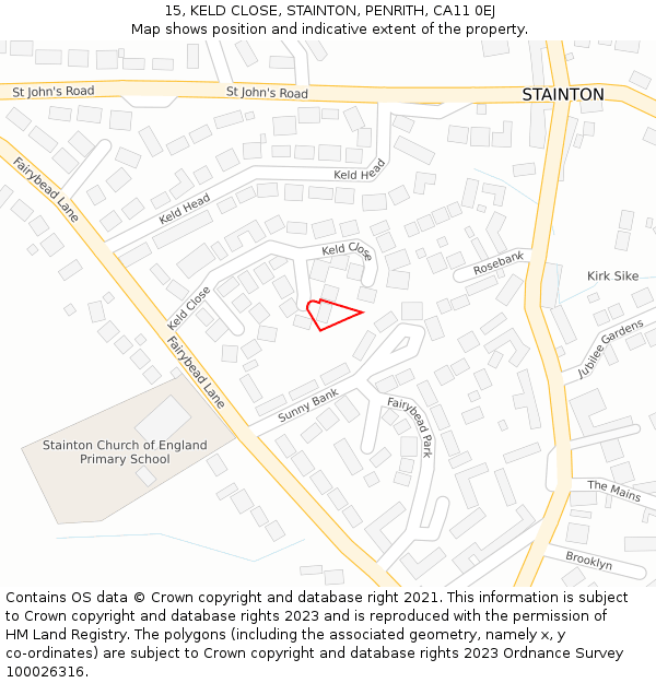 15, KELD CLOSE, STAINTON, PENRITH, CA11 0EJ: Location map and indicative extent of plot