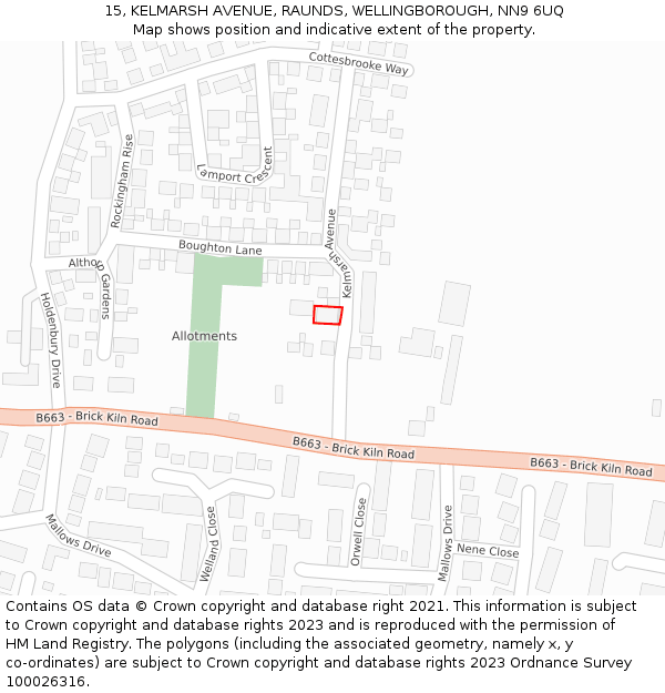 15, KELMARSH AVENUE, RAUNDS, WELLINGBOROUGH, NN9 6UQ: Location map and indicative extent of plot
