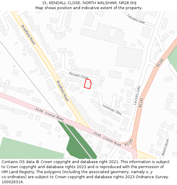 15, KENDALL CLOSE, NORTH WALSHAM, NR28 0HJ: Location map and indicative extent of plot