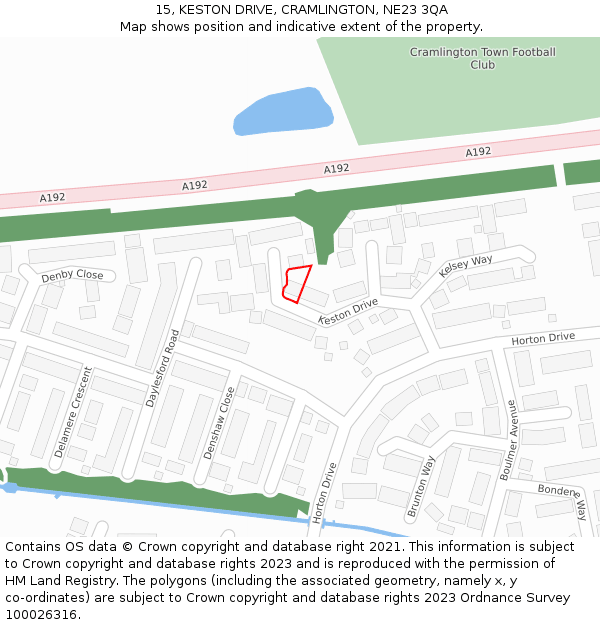 15, KESTON DRIVE, CRAMLINGTON, NE23 3QA: Location map and indicative extent of plot