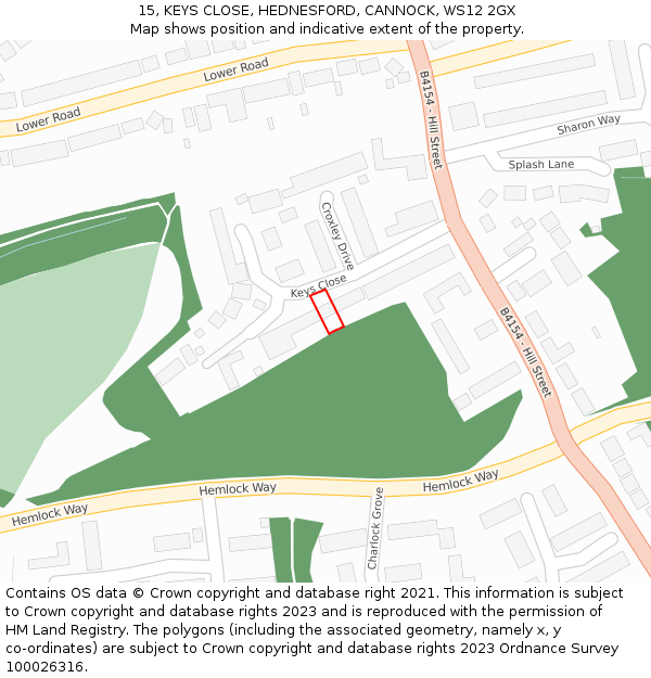 15, KEYS CLOSE, HEDNESFORD, CANNOCK, WS12 2GX: Location map and indicative extent of plot