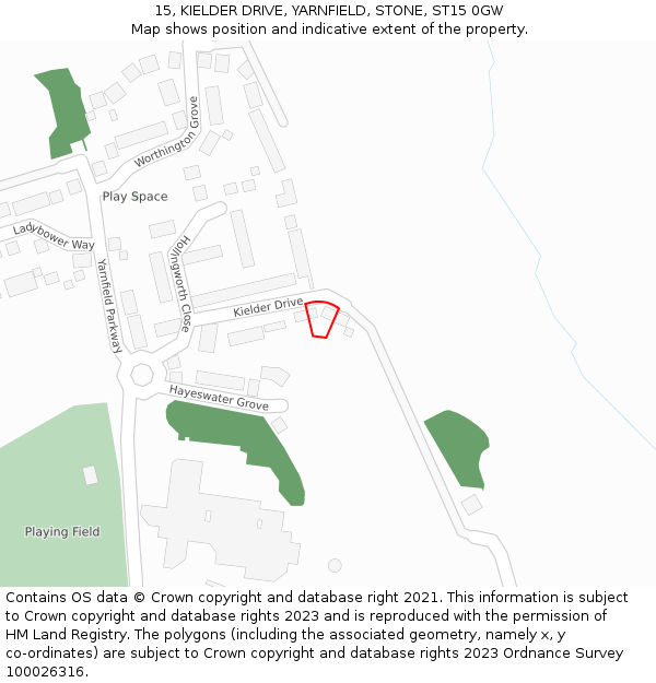 15, KIELDER DRIVE, YARNFIELD, STONE, ST15 0GW: Location map and indicative extent of plot