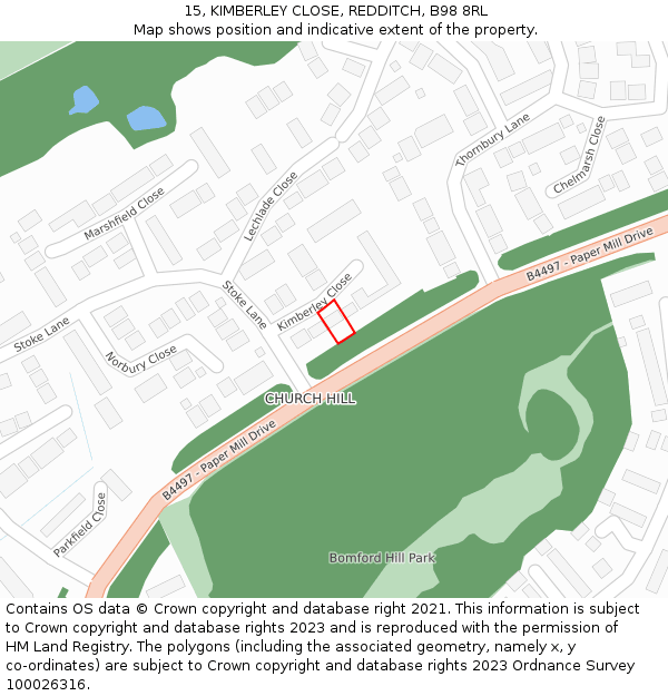 15, KIMBERLEY CLOSE, REDDITCH, B98 8RL: Location map and indicative extent of plot