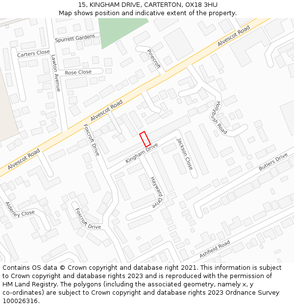 15, KINGHAM DRIVE, CARTERTON, OX18 3HU: Location map and indicative extent of plot