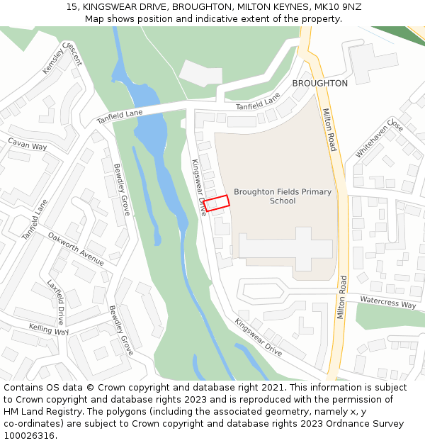 15, KINGSWEAR DRIVE, BROUGHTON, MILTON KEYNES, MK10 9NZ: Location map and indicative extent of plot