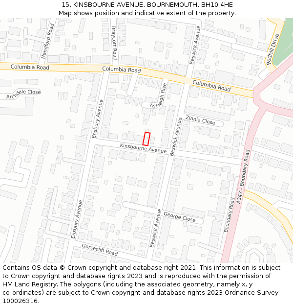 15, KINSBOURNE AVENUE, BOURNEMOUTH, BH10 4HE: Location map and indicative extent of plot